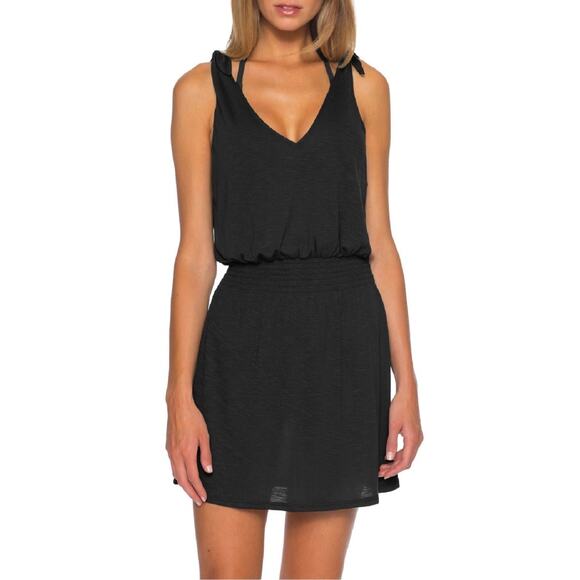 princess polly baby blue dress Becca Breezy Basics Black Tie Strap Smocked Waist Beach Coverup Mini Dress  Sz L